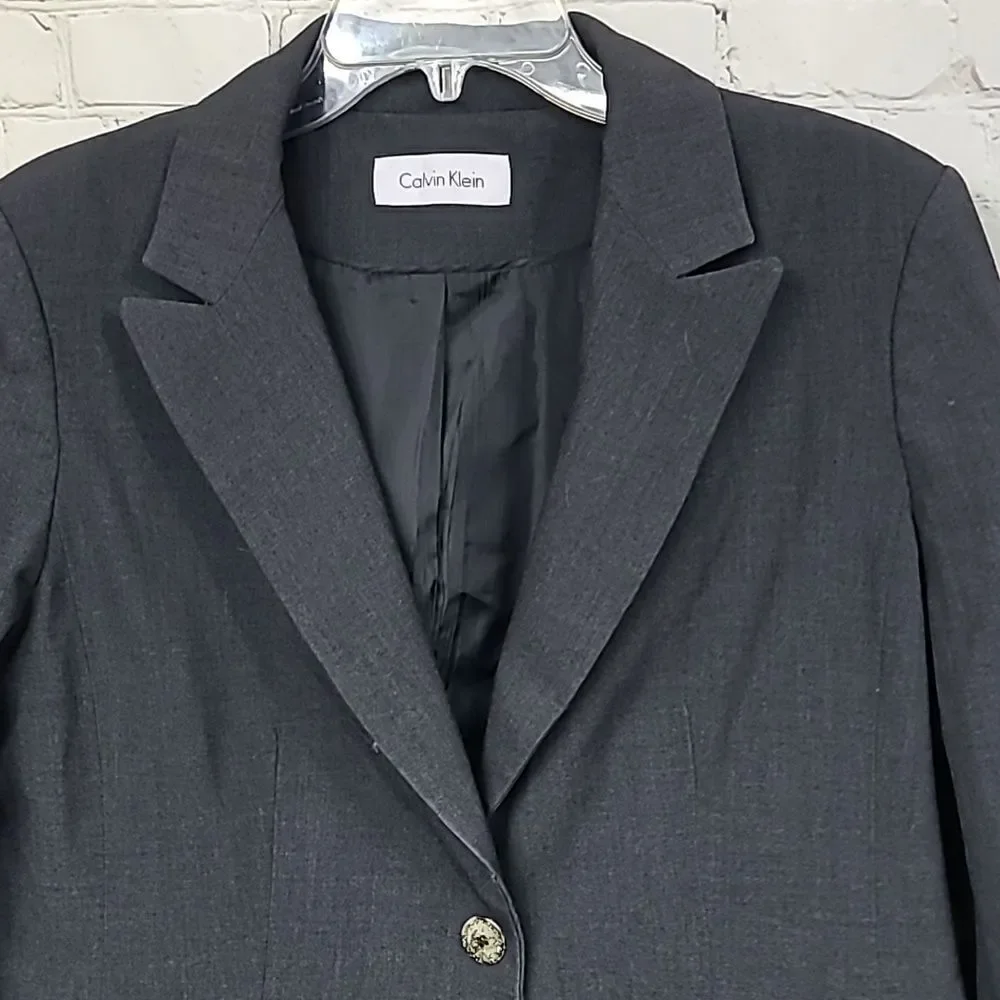 Calvin Klein Women's Charcoal Blazer 1-button Notch Collar Dressy Suit Jacket L - Picture 2 of 7